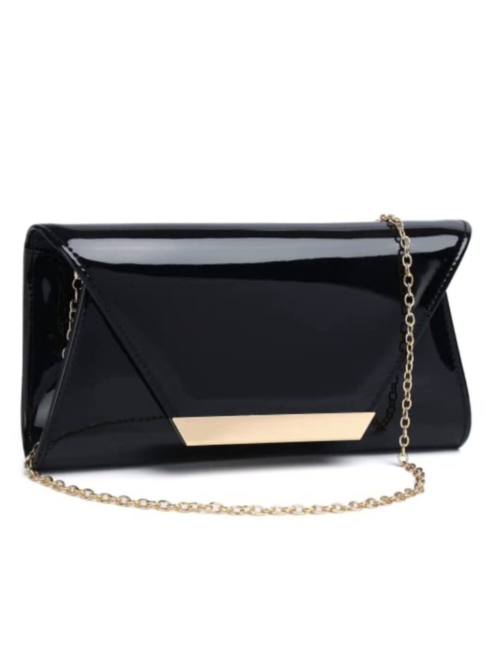Faux Patent Leather Envelope Clutch Foldover Evening Bag with Chain Strap